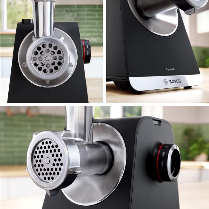 М'ясорубка Bosch MFW68660 срібляста (чорна) 2200 Вт, насадки для ковбас, 4 терки, 3 диски з нержавіючої сталі (3/4.8/8 мм)