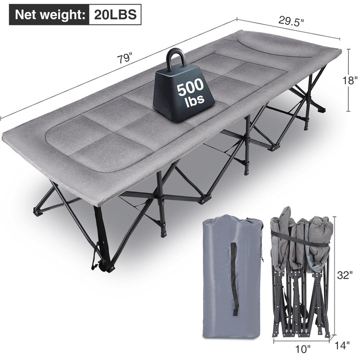 Кемпінгове ліжко REDCAMP XL з матрацом для дорослих, 226 кг, широке, міцне, розкладне, для відпочинку на природі, для гостей, офісу, дому (темно-сірий 2xl)