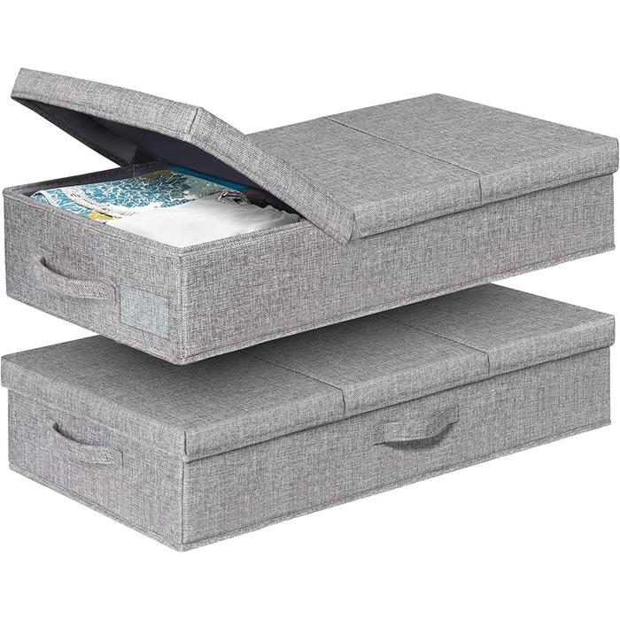 JUPELI 2 Pack Foldable Storage Boxes, 15cm High Flat Under Bed Drawer Organizer, Stable with Lid and Handle, Fabric Under Bed Storage, Under Bed Box for Blankets, Clothes, Quilts, Toys, Shoes