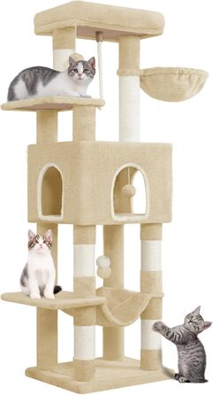 Дерев'яний будиночок для котів Hzuaneri Kratzbaum, 149 см, з 5 стовпчиками для шліфування, платформами, затишною печерею, багатоповерховий центр активності для котів, помпонами, бежевий (MS14918LG)