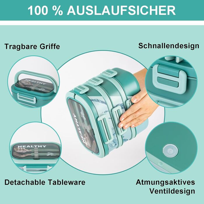 Ланчбокс Lille Home з 4 відділеннями, 1650 мл, з посудом, BPA-free, не протікає (зелений)