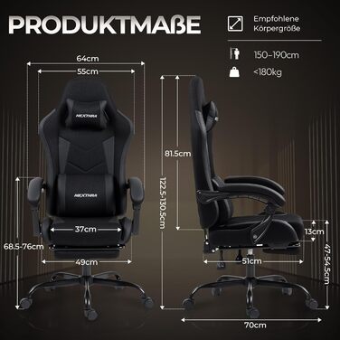 Геймерське крісло Nexthra Ergonomisch з підставкою для ніг, до 180 кг, чорне. Офісне крісло для геймінгу та роботи, регульована спинка 150°