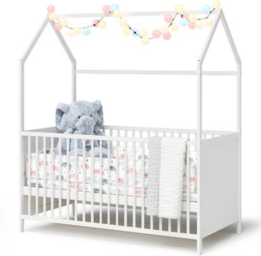 Bellabino Nika Babybett in House Style 70 x 140 cm, crib and house bed for children and babies made of solid pine wood in white, 3-fold height adjustable including slatted frame