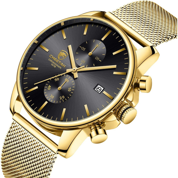Чоловічий годинник на браслеті Mesh, кварцовий, спортивний, Chronograph, з датою, водонепроникний, чорний, нержавіюча сталь, Gold-Gold-Schwarz