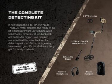 Металодетектор Minelab X-Terra Voyager Tactical - професійний, для дорослих, водонепроникний, 4 режими, з навушниками, рюкзаком та лопатою (Forest, Green)