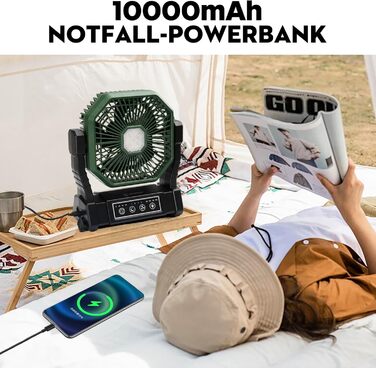 Акумуляторний кемпінговий вентилятор з LED-підсвіткою та Powerbank 10000mAh, портативний безшумний вентилятор для намету з пультом та таймером, чорно-зелений