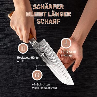 Ніж кухонний FUJUNI Santoku 18 см з лезом з дамаської сталі VG-10, ручка з оливкового дерева, подарункова коробка