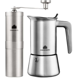 Groenenberg Spar Set 2: Manual Coffee Grinder + Induction Moka Pot (4 or 6 Cup) | Moka Pot and Coffee Grinder made of high-quality stainless steel