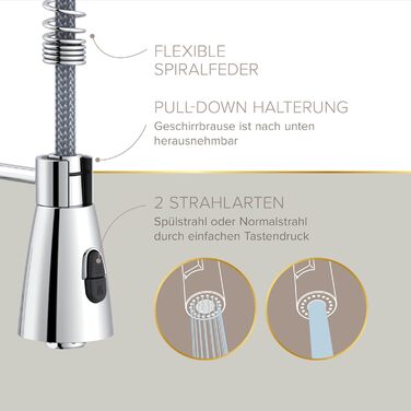 Кухонний змішувач Lenz KALANI² в стилі - з регульованою поливальною насадкою - проста установка та якісна обробка - 46070322 (Низький тиск, Хром)