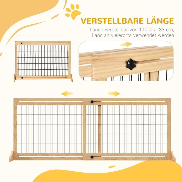 PawHut Wooden Pet Gate - Extendable Dog Barrier with Footrest, Freestanding Safety Gate for Stairs, Fireplace, Oven - 104-183 x 36 x 69 cm