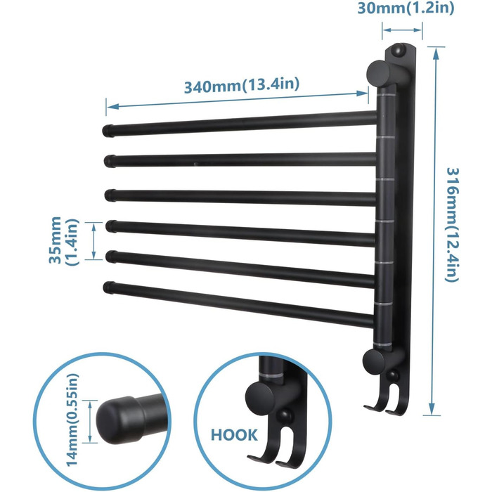 Тримач для рушників JSVER з нержавіючої сталі, 6-ти секційний, поворотний, чорний, 34 см