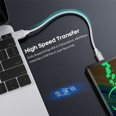 Кабель USB-C на USB-A, 30см, 2 шт., білий. Швидка зарядка, нейлон, для iPhone, Samsung Galaxy