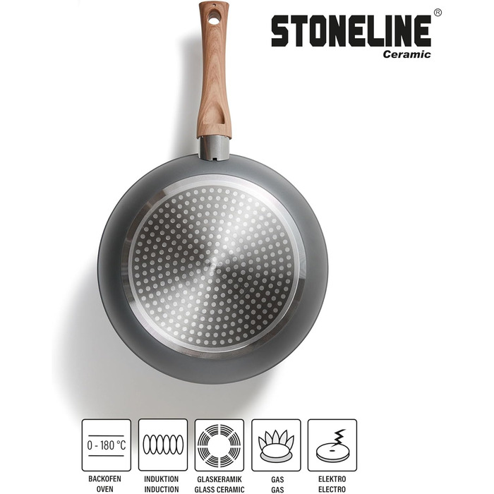STONELINE Ceramic Cookware Set, 14-Piece, 18/20/24cm Pots and Pans, PFAS-Free, Cookware Set, Pan Set, Induction, Cookware Set with Lids, Ceramic Coating with Real Stone Particles, Wood-Look Handles, 14-Piece