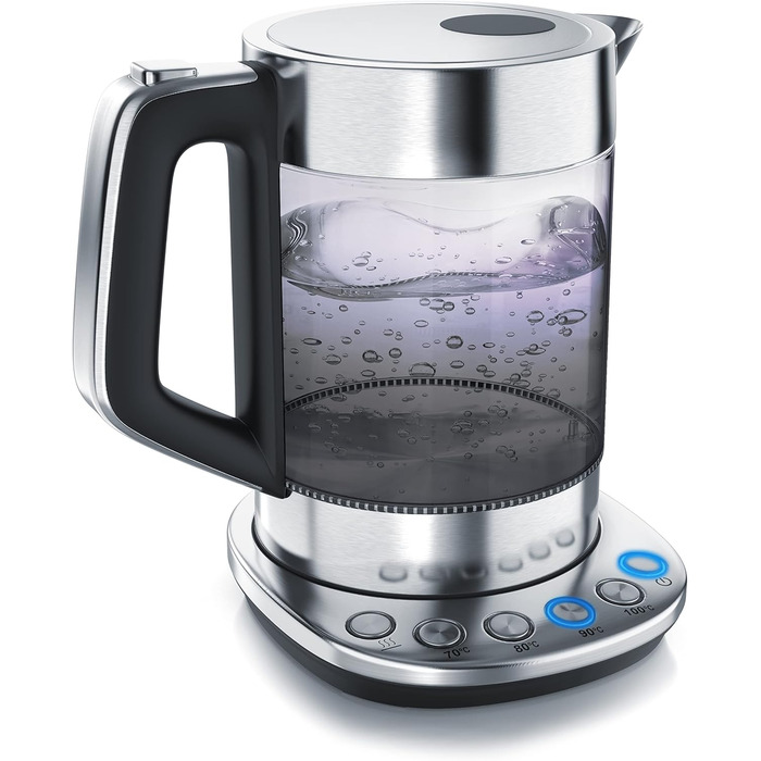 Електричний чайник Arendo з регулюванням температури, 1.5 л, скло, нержавіюча сталь, підтримання тепла 30 хв, Borosilikatglas, сучасний дизайн