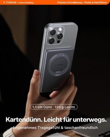 Power Bank TORRAS MiniMag Ultra Slim з MagSafe, 360° підставка, 18W, 5000mAh, магнітне кріплення, сірий титан. Сумісний з iPhone 17 Pro Max/Air/16/15/14/13/12