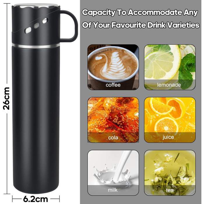 Термос із нержавіючої сталі 550 мл - термос-термокружка з чашкою та ручкою, вакуумний термос 12 годин гарячий / 12 годин холодний, нековзний термос для кави в дорогу для спорту, роботи, школи, автомобіля (Чорний)
