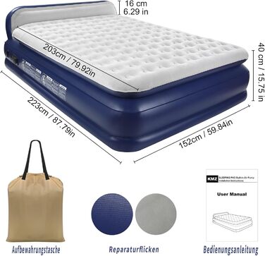 Надувна матрац KMZ з електричним насосом, подвійна висота - для дому, подорожей та кемпінгу. Міцна надувна ліжко (подвійний)