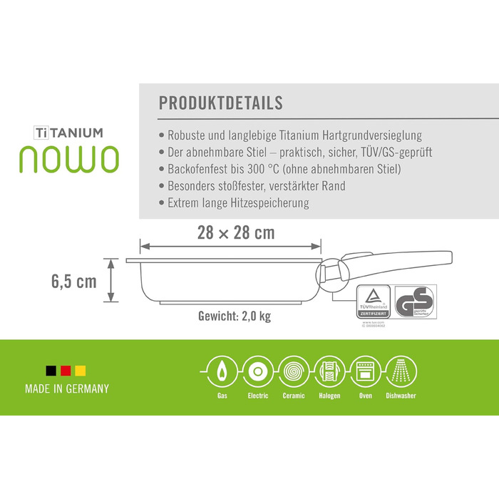 Сковорода квадратна Woll Nowo Titanium 28x28 см, антипригарна, знімна ручка, не для індукції