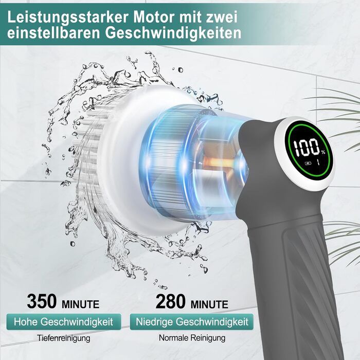 Електрична щітка для прибирання, бездротовий скрубер Power Spin з 7 насадками, 2 швидкості. Ідеально для плитки, душових кабін, скла та ванної кімнати
