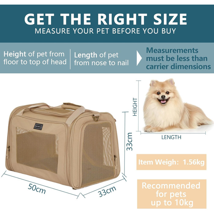 Транспортна переноска для котів та собак Petsfit, складана сумка-переноска, 50L x 33B x 33H см, з м'яким розкладним килимком та регульованим плечовим ременем, Khaki