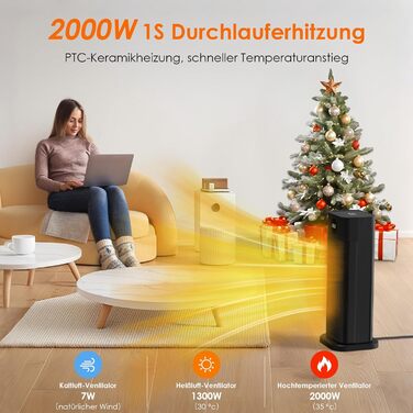 Електричний обігрівач Minthouz: 2000W, PTC кераміка, 3 режими, термостат, пульт, LED-дисплей, таймер 12H, осциляція 70°, для дому та офісу