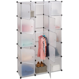 Relaxdays Clothes Rack System with 11 Compartments, Wardrobe with 2 Clothes Rails, DIY Plastic Plug-in Shelf, White (Transparent)