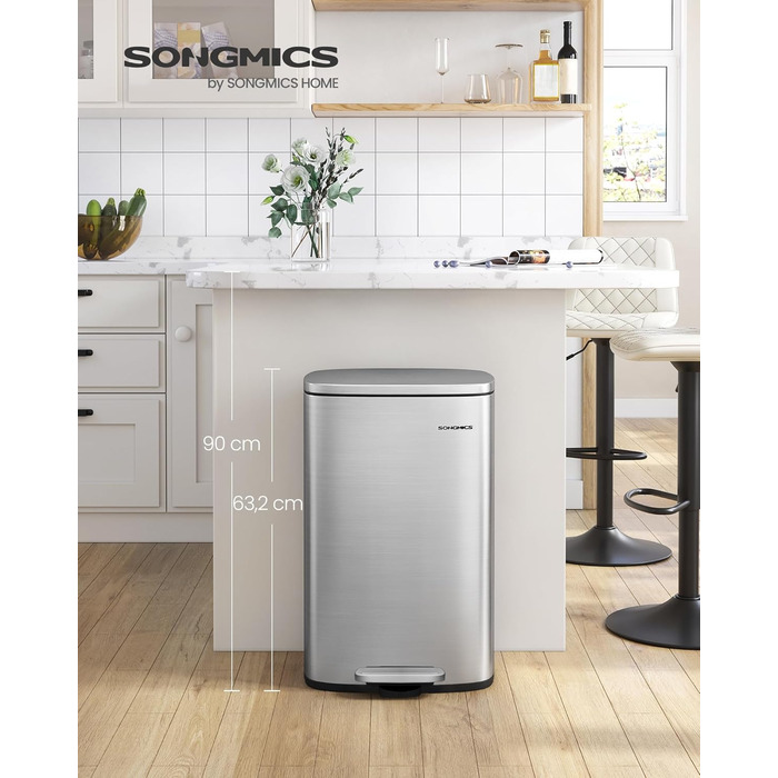 Відро для сміття SONGMICS 50 літрів з педаллю, нержавіюча сталь, з м'яким закриттям, з внутрішнім відром