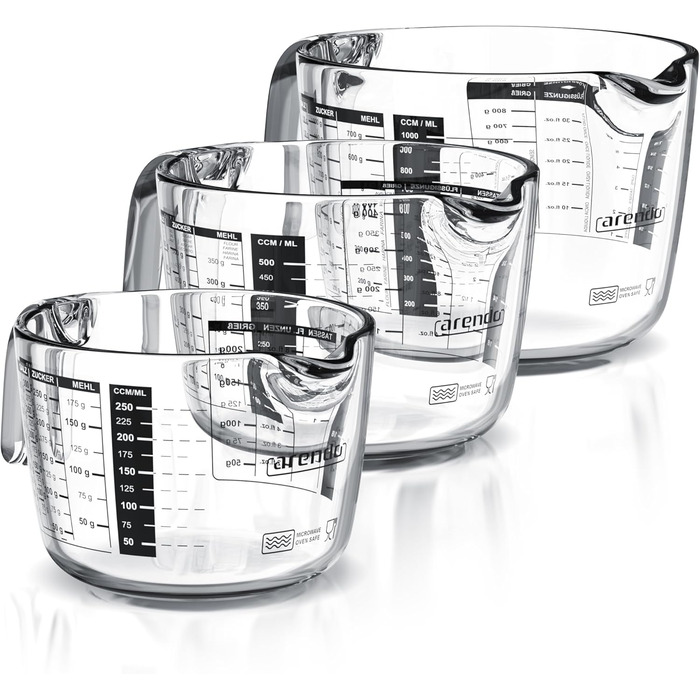 Arendo - Borosilicate Glass Measuring Cup Set - Sizes 1000ml, 500ml, 250ml (1l, 0.5l, 0.250l) – Glass Measuring Jug, Pitcher – Precise Scale – Heat Resistant – Microwave Safe – Kitchen Measuring Cup