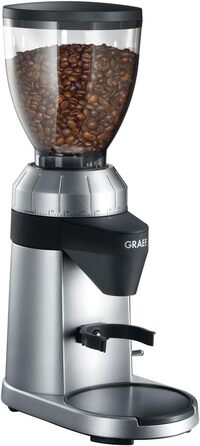 Електрична кавомолка GRAEF CM800 з алюмінієвим корпусом, контейнер для зерен 350г, конічний жорно з нержавіючої сталі, 40 ступенів помолу, для еспресо, антистатичний вставка, алюмінієве лопатечкове колесо, 128 Вт, срібна