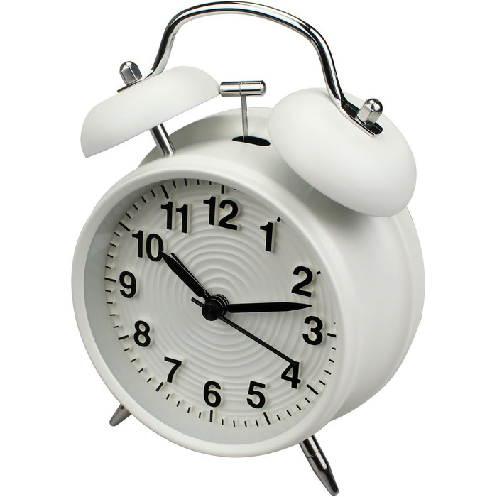 Homchen 10.2 cm Double Bell Alarm Clock, No Ticking, Battery-Powered, Loud Vintage-Style Alarm Clock with Night Light for Bedroom, White