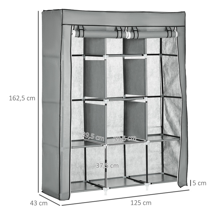 HOMCOM Fabric Closet with Hanging Rod, Folding Wardrobe 8 Tiers, Light Grey for Bedroom & Hallway