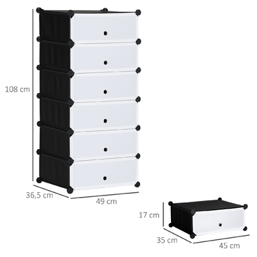 HOMCOM Shoe Rack, Plastic Shelf for 6 Pairs of Shoes, Shoe Box for Entryway, DIY Stackable Shelf, Shoe Storage, Black+White, 49 x 36.5 x 108 cm | Aosom