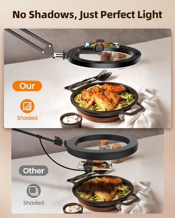 Настільний штатив з кільцевим світлом для кухні та фуд-відео – 10 дюймів | Штатив з кільцевим світлом для зйомки їжі, рецептів, відео та стріму