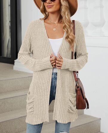 Кардиган жіночий Strickjacke Eegant бежевого кольору, розмір XXL. Теплий в'язаний кардиган з кишенями, еластичний трикотаж.