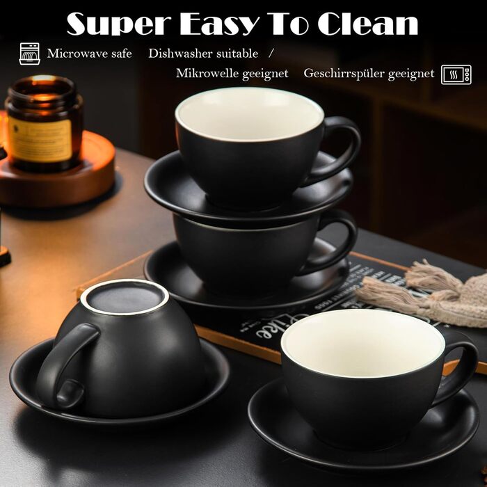 Набір кавових чашок Yundu Cappuccino 4 шт. по 300 мл – керамічні чашки з блюдцями, матова колірна гама, для латте-арту та бариста, великі мока чашки та блюдця (матова чорна)