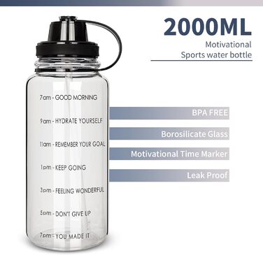 2 Liter Glass Water Bottle with Straw and Time Marker, Motivational Water Bottle with Neoprene Sleeve, Large 2L Glass Bottle for Fitness, Home, and Office, Leak-Proof, BPA-Free