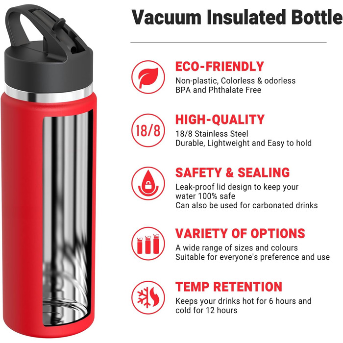 AORIN Stainless Steel Water Bottle, 500ml/750ml/1L Leak-Proof Water Bottle with Straw, BPA-Free Drinking Bottle for Kids, Vacuum Insulated Thermos for Sports, School, Fitness, Outdoor (750 ml, Red)