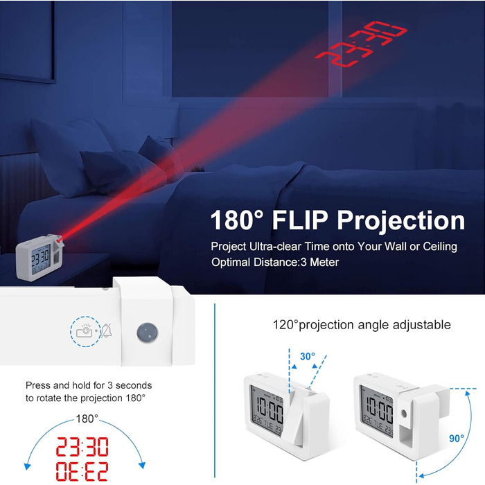 CHEREEKI Projection Alarm Clock, Alarm Clock with Indoor Temperature, 4 Adjustable Projection Brightness, 9-Minute Snooze Function, Digital Alarm Clock Suitable for Office and Bedroom