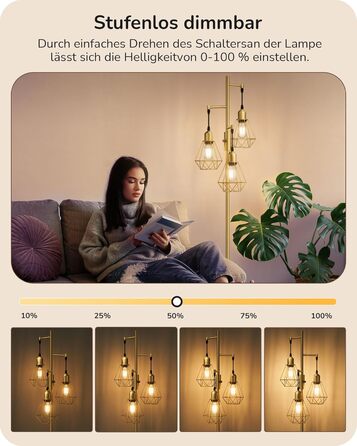 LED торшер Edishine для вітальні, ретро стиль, 3 лампи, диммування, 4W E27, регулювання поворотною ручкою, індустріальний декор з металевим абажуром-сіткою, 2700K, висота 166 см, золотий