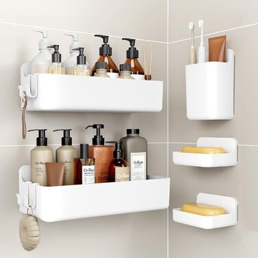Поличка для душу Orimade без свердління, нержавіюча сталь, 5 шт. - тримач для шампуню, велика місткість, органайзер для ванної кімнати, ABS, білий