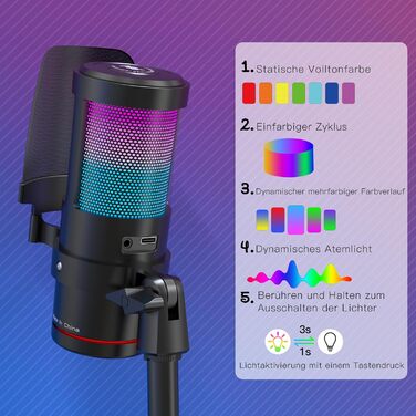 Zealsound USB мікрофон для ПК та мобільного телефону: RGB, з регулюванням гучності, кнопкою вимкнення звуку, поп-фільтром, тримачем-амортизатором та підставкою. Для подкастів, стрімінгу, Discord, YouTube, TikTok (KM8)