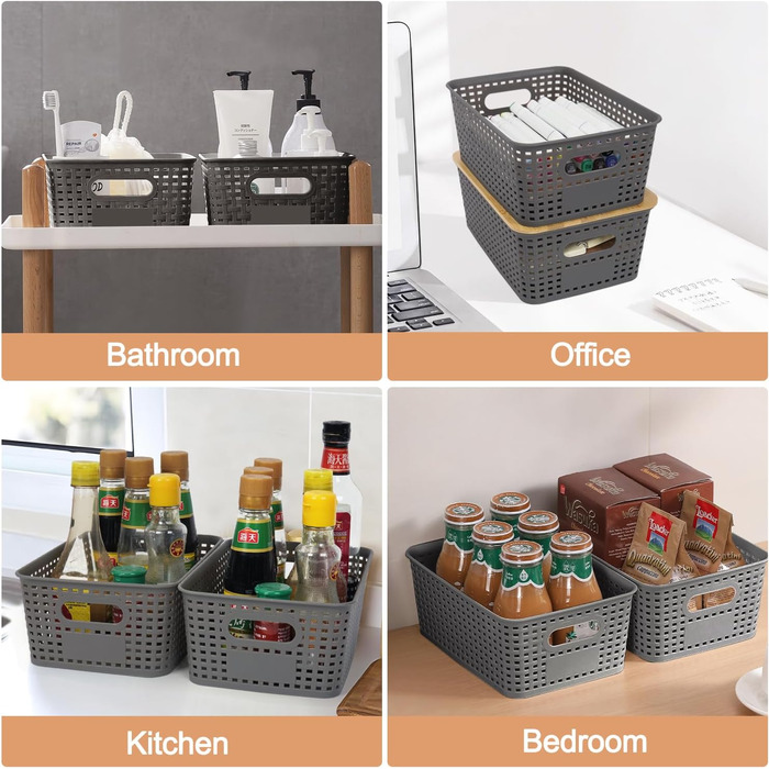 UHAPEER Storage Box with Bamboo Lid, 6 Pack Storage Basket, Plastic Basket Storage, Kitchen Organizer White, Stackable Storage Boxes, Box with Lid 25.6 x 18 x 10.7 cm (Gray)