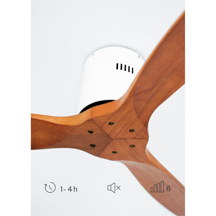 Вентилятор стельовий WINDCALM ABS білий з імітацією темного дерева, Wi-Fi, пульт, 40W, Ø132cm, 6 швидкостей, таймер, DC-двигун, літньо-зимовий режим, без освітлення