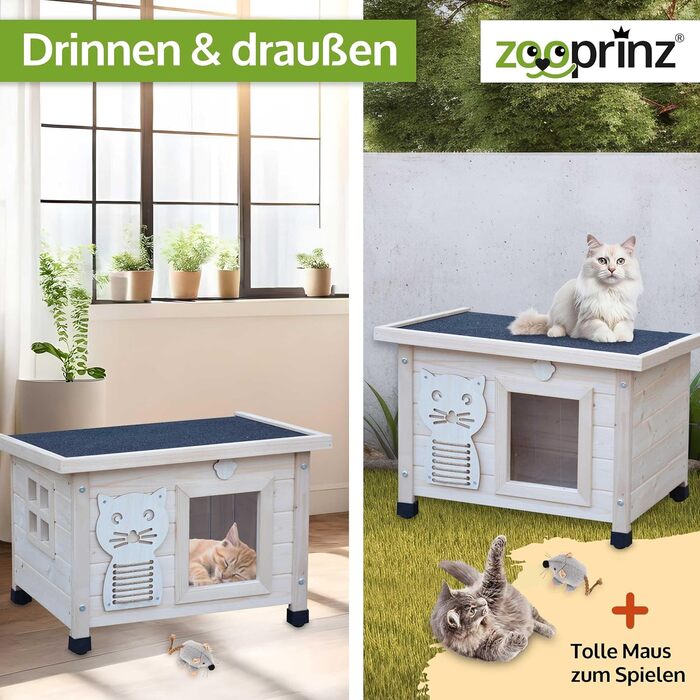 zooprinz Premium Wooden Cat House – Cat Box with Roof for Opening, Window and Swing Door – Sisal Scratching Band on the Cat Box – Weatherproof for Garden/Balcony – Indoor and Outdoor Shelter (Natural, Standard)
