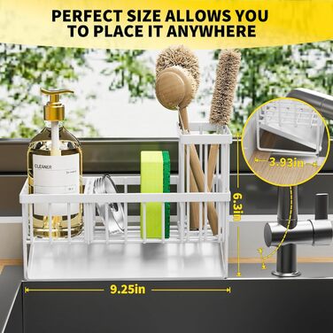 Cisily Kitchen Sink Caddy Organizer with Tall Brush Holder, Sponge Holder for Sink, 304 Stainless Steel, Kitchen Countertop, Soap Dispenser, Organizer, Kitchen Decor and Accessories (White/Opulent Garden)