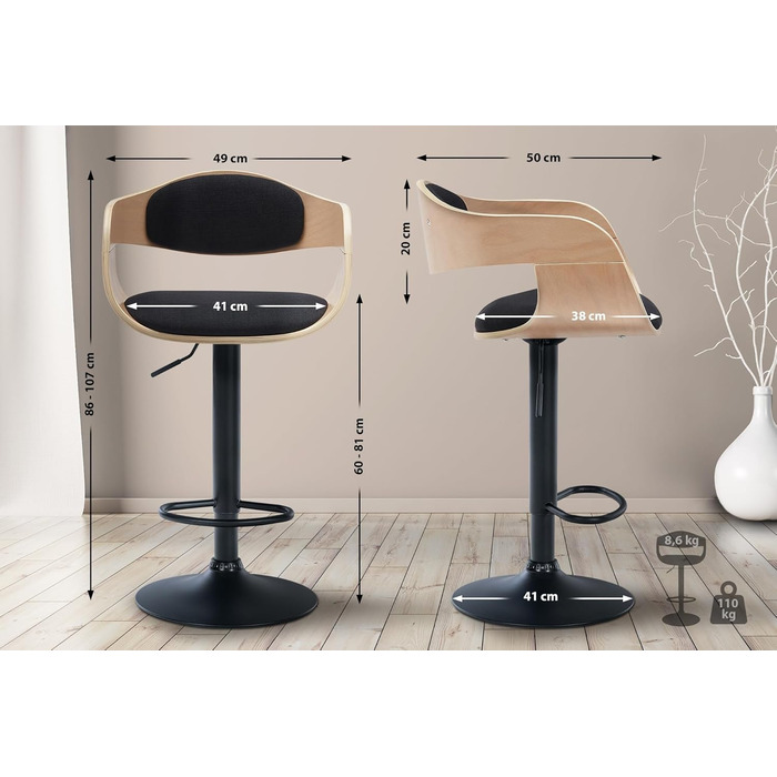 Kingston Adjustable Bar Stool with Premium Upholstery - Durable Metal Frame (150kg Capacity) - Black Fabric
