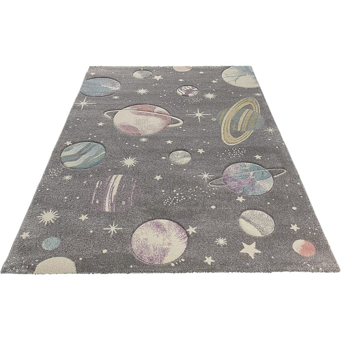 Paco Home Kids Rug, Play Rug for Children's Room with Planets and Stars, in Grey, Size: 120x170 cm 120 x 170 cm