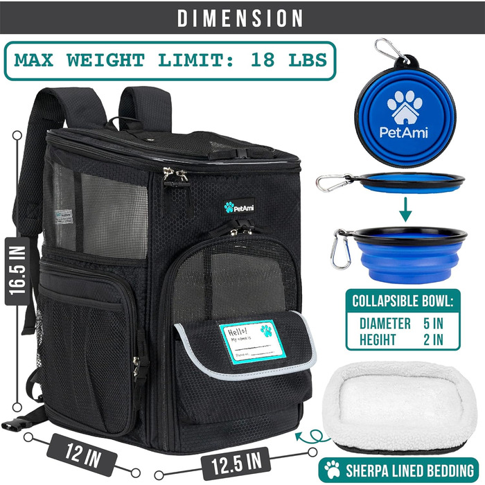PetAmi Рюкзак-переноска для собак та котів, чорний, для подорожей, з вентиляцією, м'які стінки