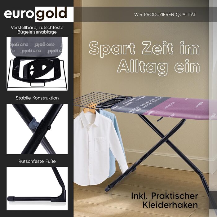 Прасувальна дошка EUROGOLD® Premium 120x42 см з турбопокриттям та полицею - стабільна, регульована по висоті, з бавовняним покриттям (рожева)