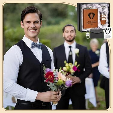 Персоналізований набір фляг 8oz з гравіюванням – фляга з нержавіючої сталі, 4 склянки, воронка та подарункова коробка для друзів нареченого/нареченої, подарунок на весілля для чоловіків та жінок (колір: коричневий)